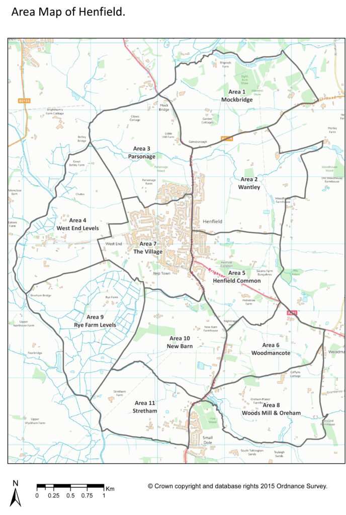 Map showing how Henfield is split into areas for monitoring and recording.