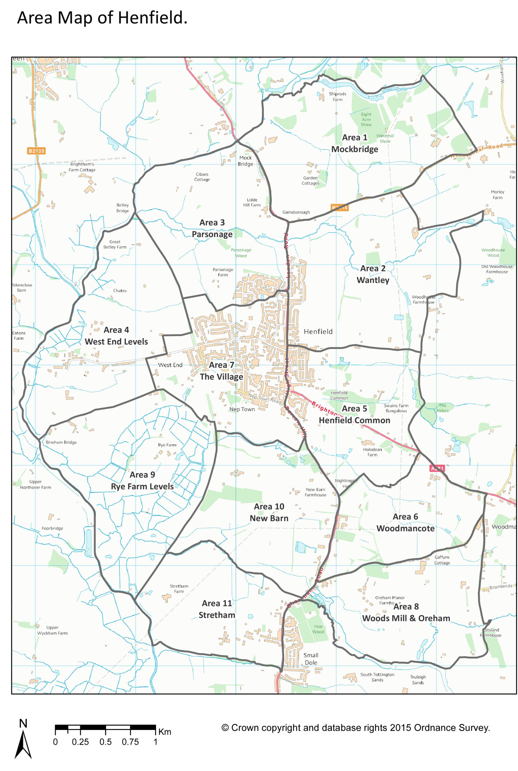 Map showing how Henfield is split into areas for monitoring and recording.